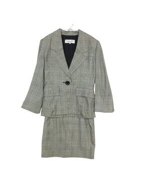 Dior Set Silk Blend Wool Skirt Suit Tailored Jacket Blazer Glen Plaid Slit White